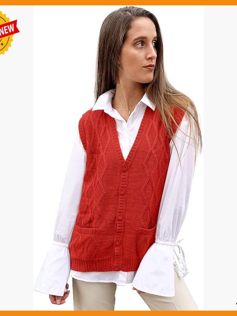 Alpaca Wool V-Neck Argyle Cardigan Vest, Relaxed Fit, S-4xl